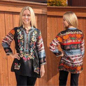 All About Her Women’s Pari Embroidered 3/4 Sleeve Tunic Top Boho Multicolored S